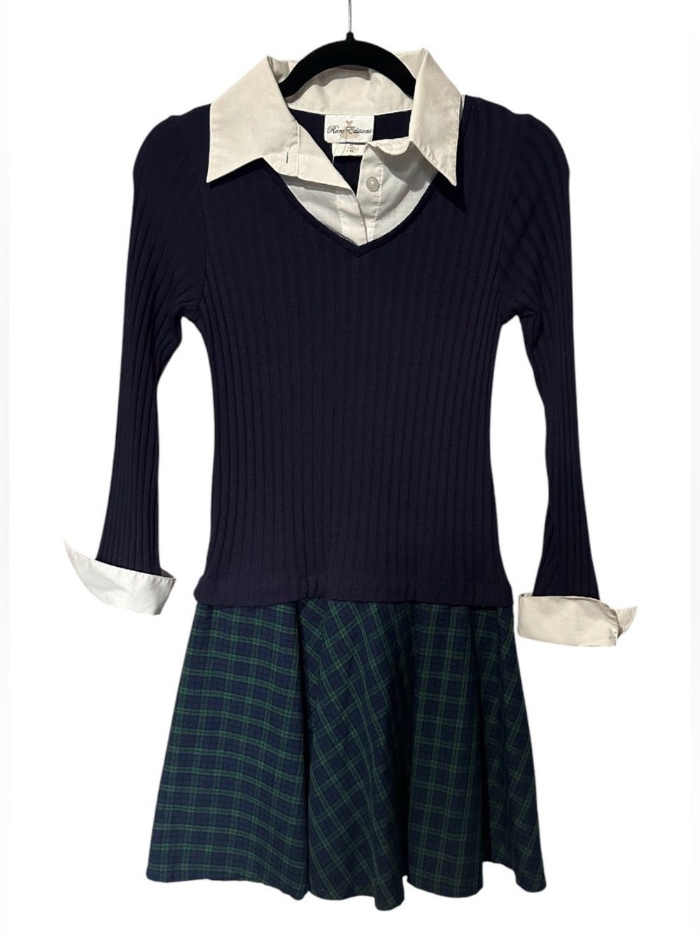 Rare Editions Navy Knit Dress with White Collar and Green Plaid Skirt